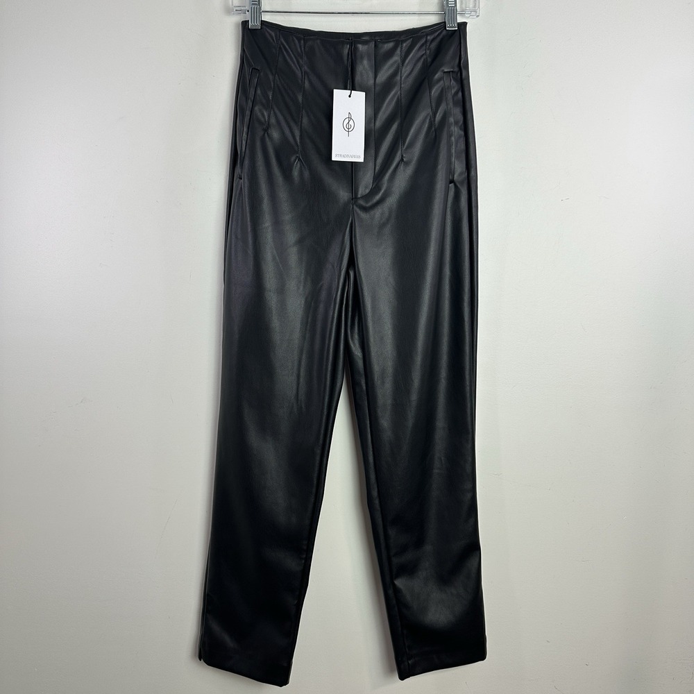 Stradivarius Vegan Faux Leather 90s Straight Leg High Rise Pants Black Sz 4 NEW